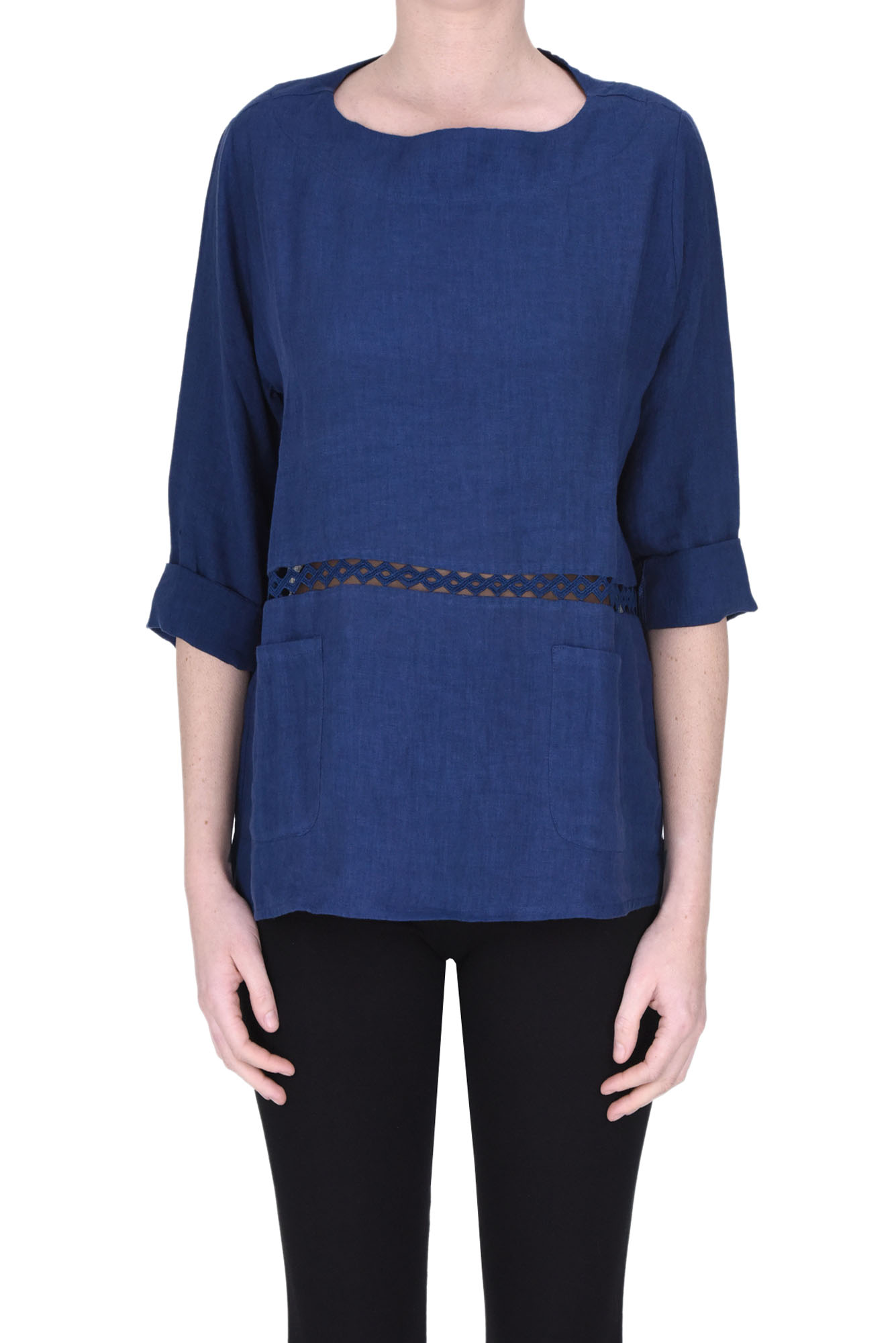 Shop Why Ci Linen Blouse In Navy Blue