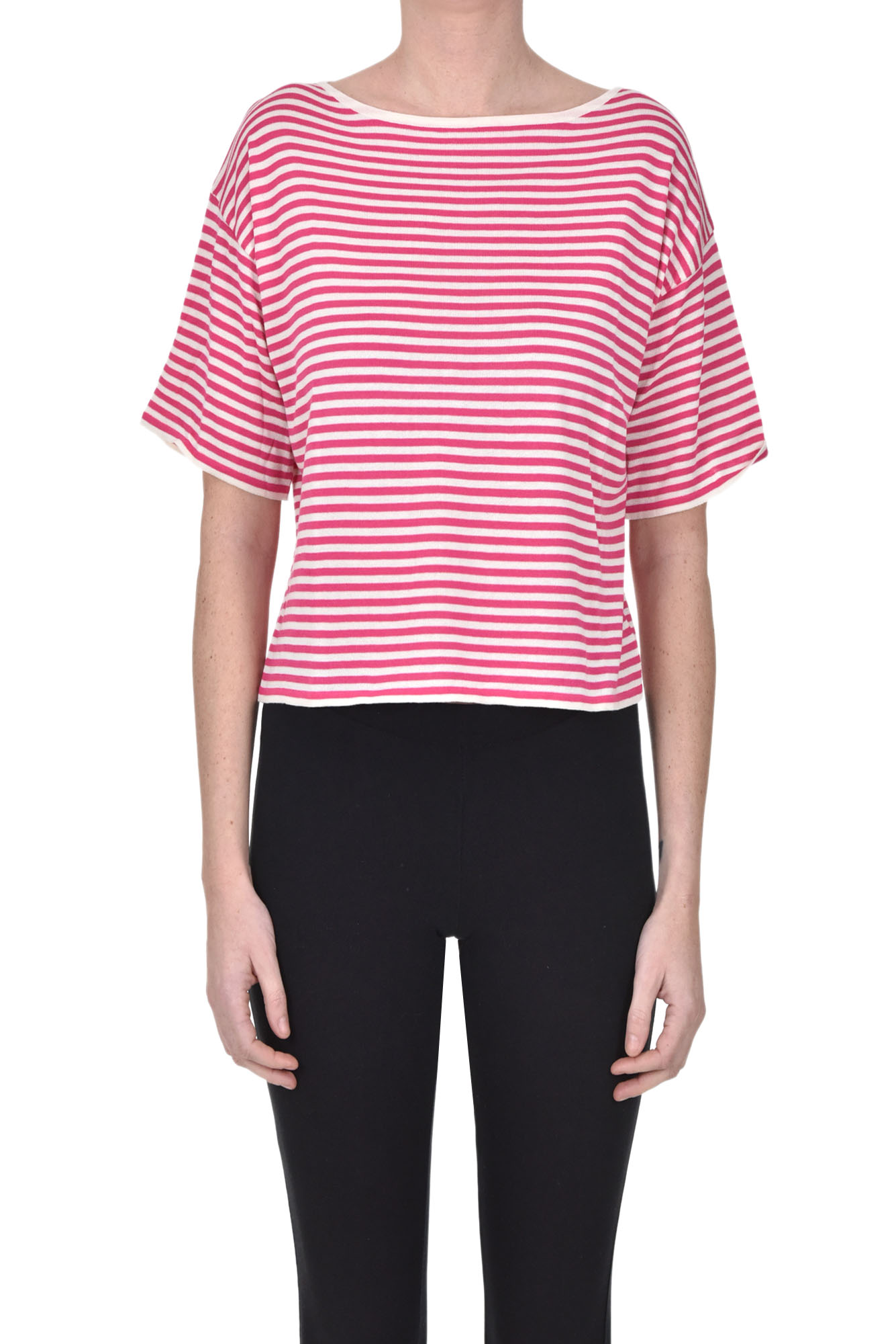 Base Milano Striped Short Sleeves Pullover In Fuxia