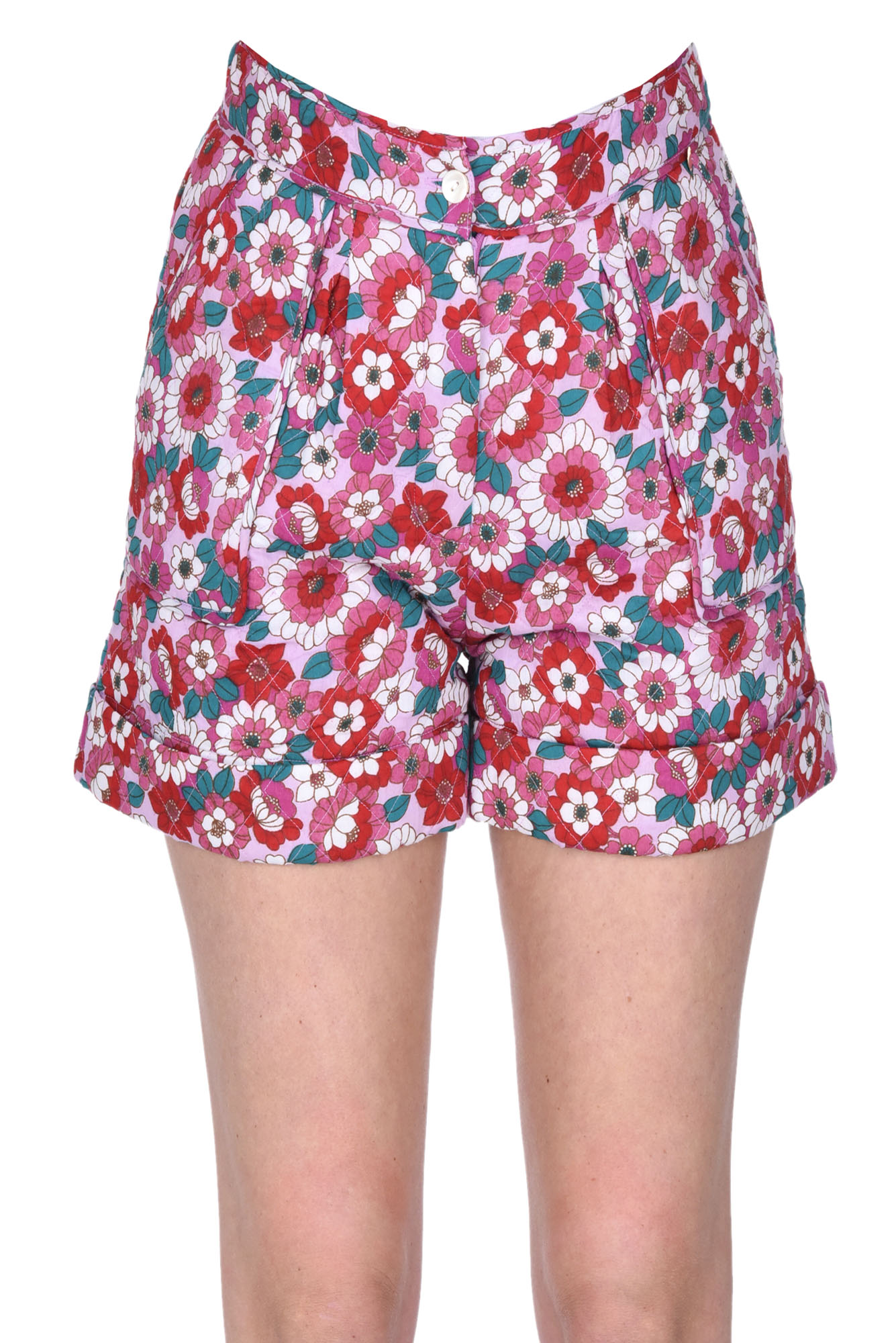 Shop Antik Batik Quilted Flower Print Cotton Shorts In Raspberry