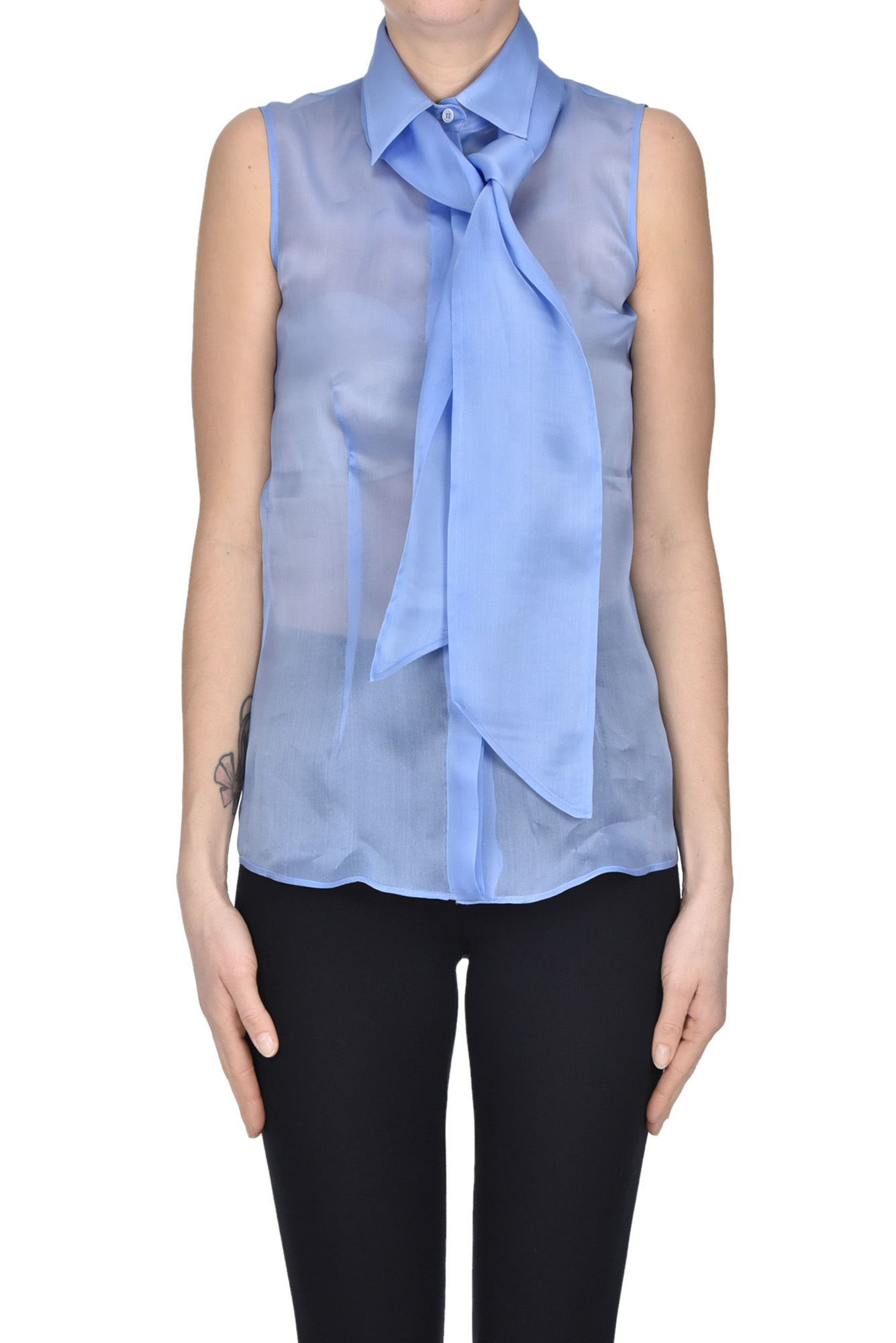 Caliban Sleeveless Silk Shirt In Light Blue