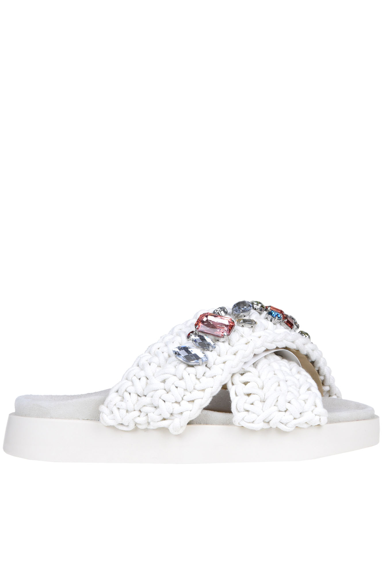 Shop Inuikii Embellished Woven Fabric Slides In White
