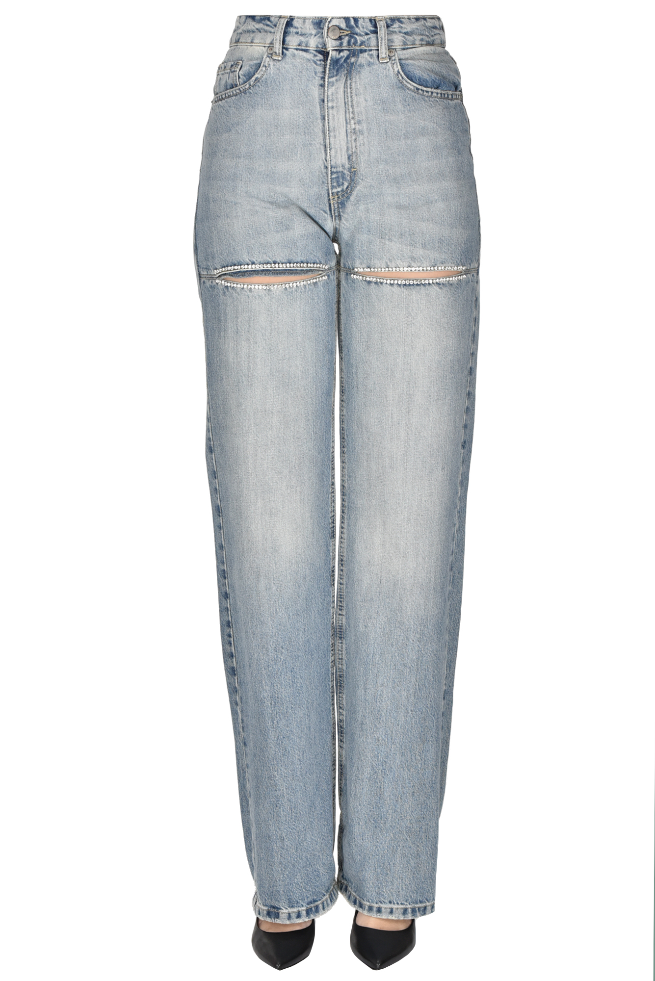 Pinker Couture Embellished Destroyed Jeans In Light Denim