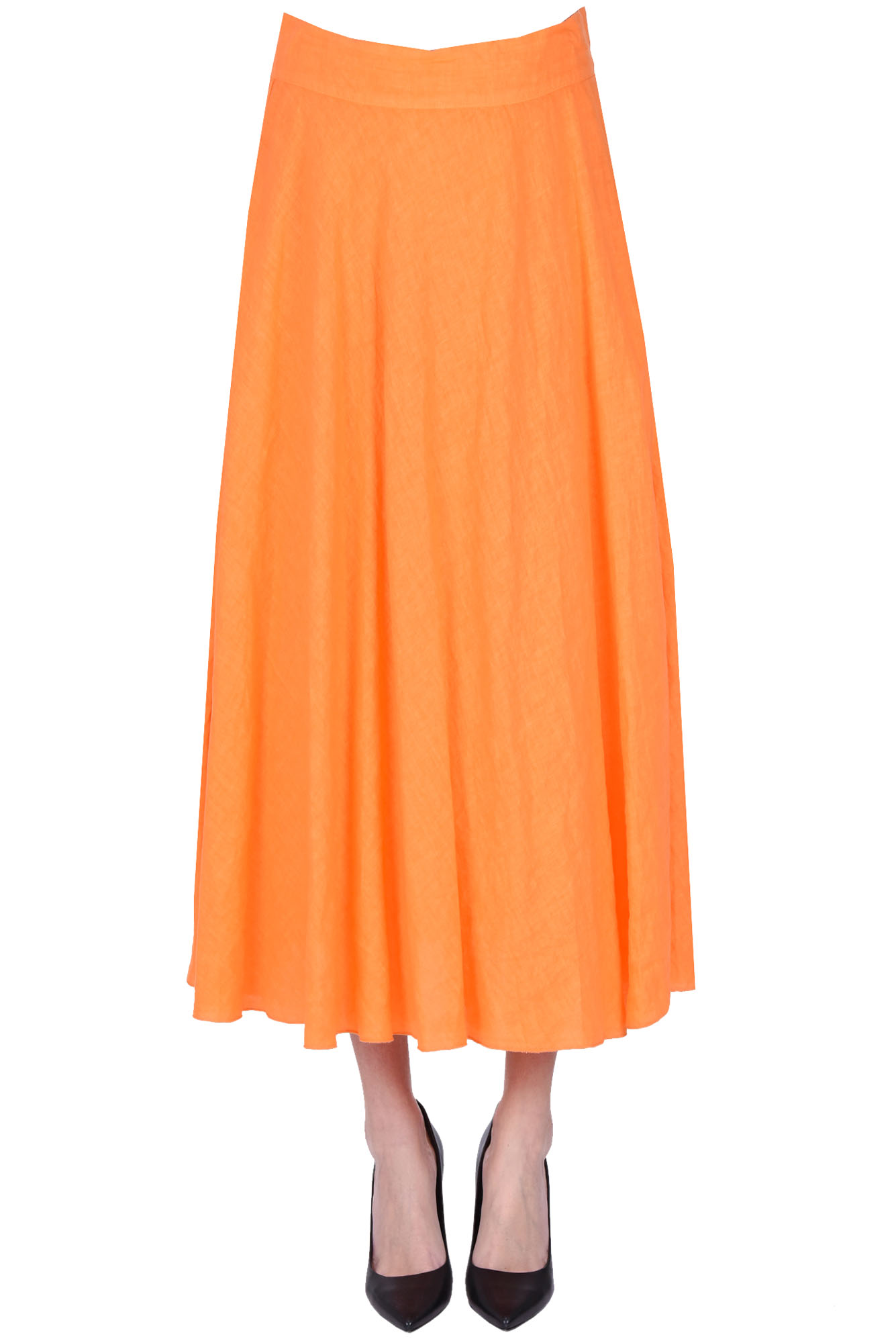 Shop Anneclaire Linen Midi Skirt In Orange