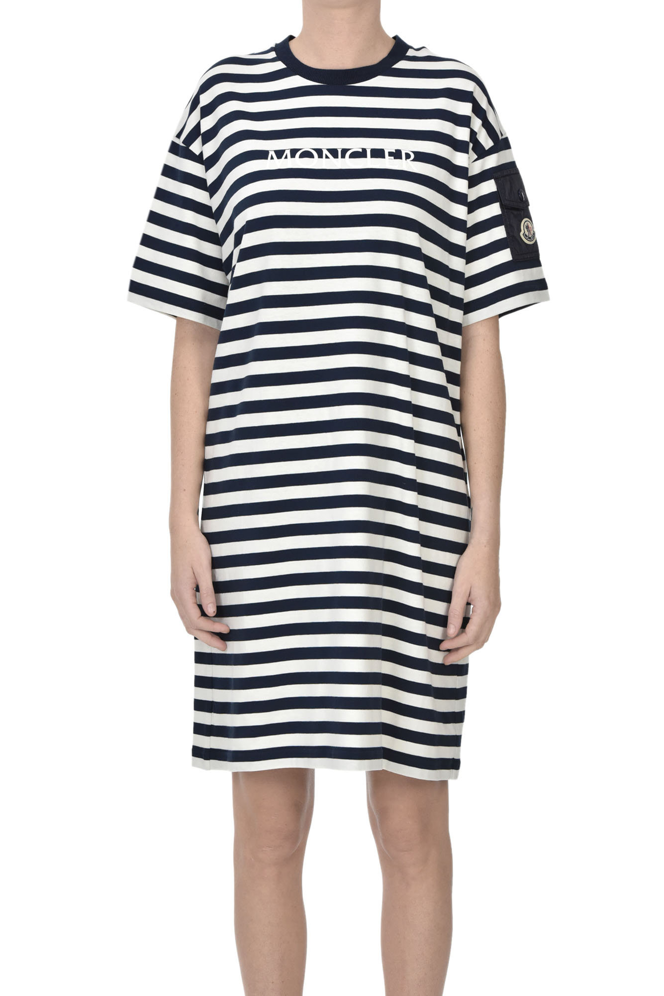 Shop Moncler Striped Cotton Dress In Navy Blue