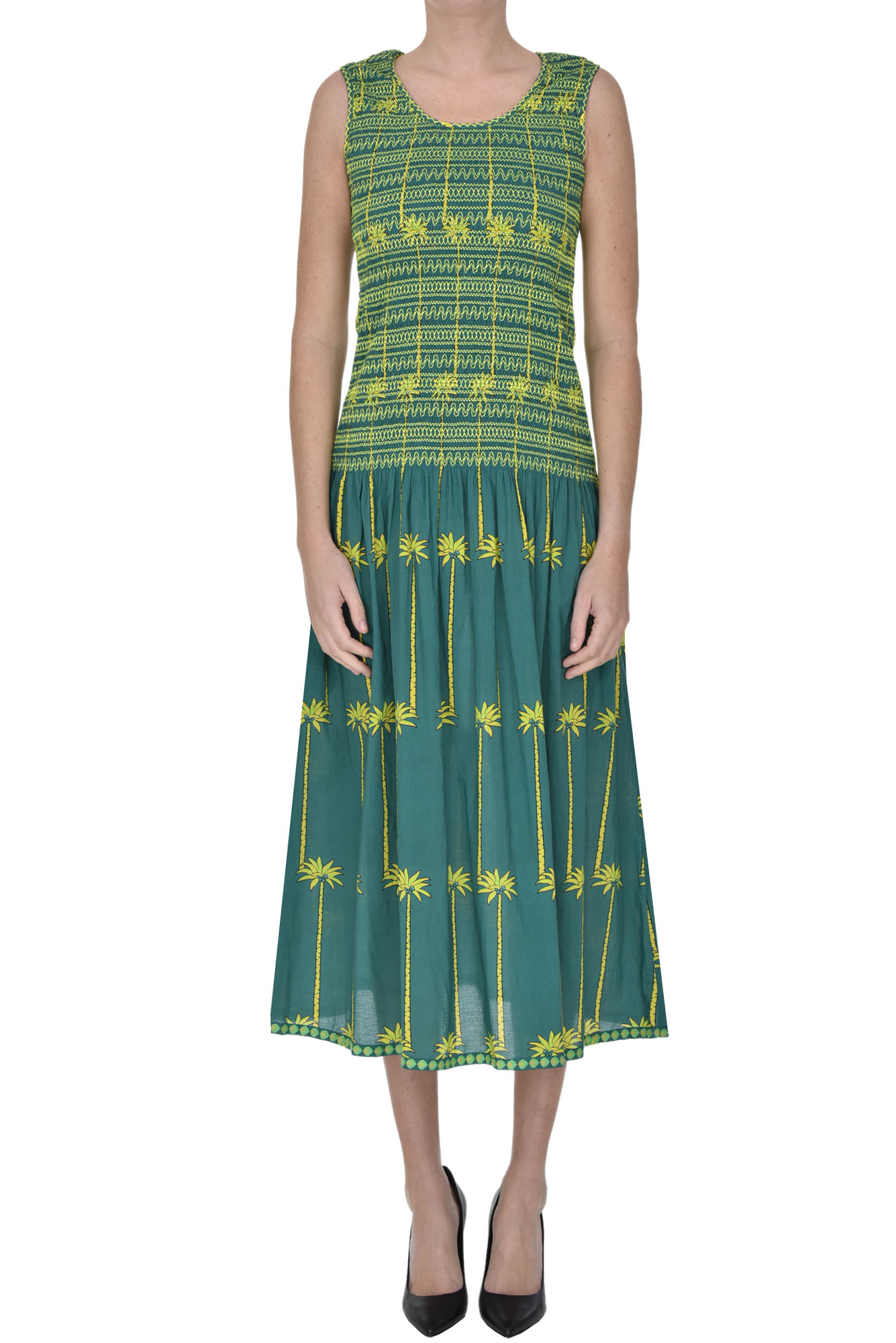 Nimo With Love Printed Organic Cotton Long Dress In Green