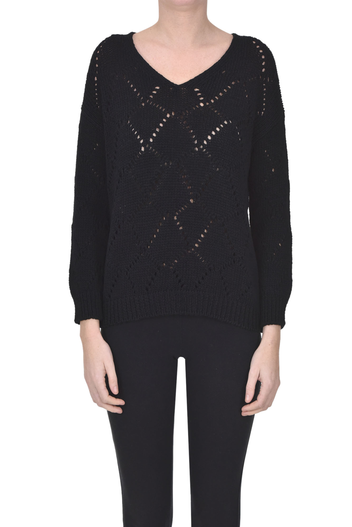 Anneclaire Woven Cotton Knit Pullover In Black