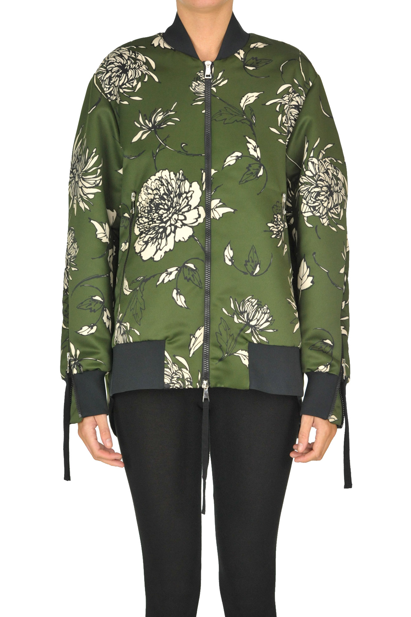 Moncler Flower Print Bomber Jacket In Olive Green