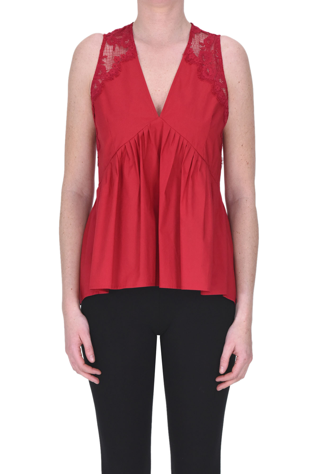 Shop Twinset Milano Cotton Top With Lace Inserts In Fire Red