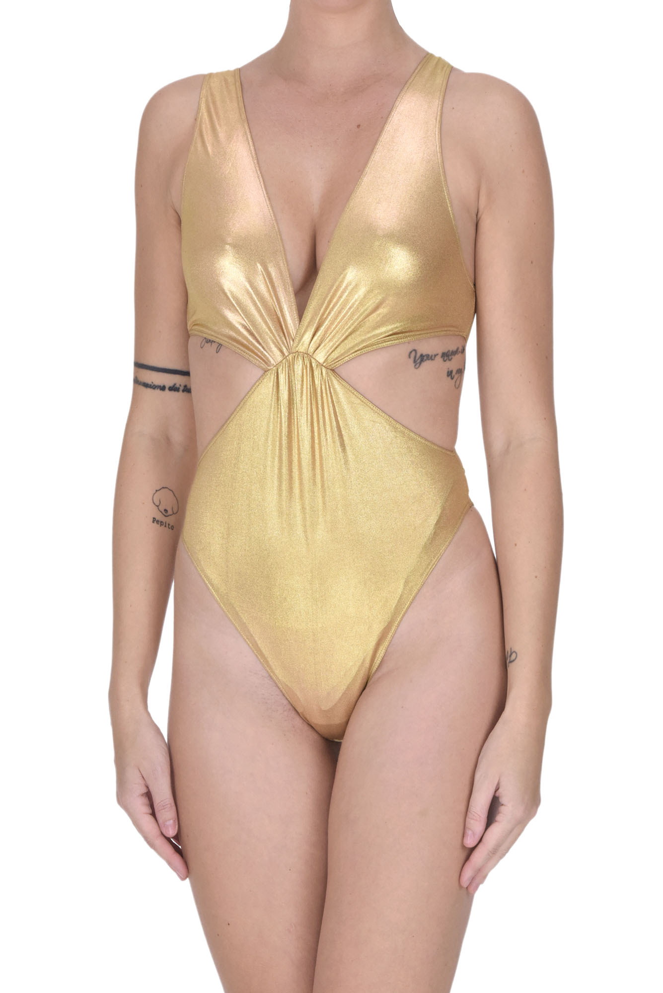 Shop Forte Forte Metallic Effect Fabric Swimsuit In Gold