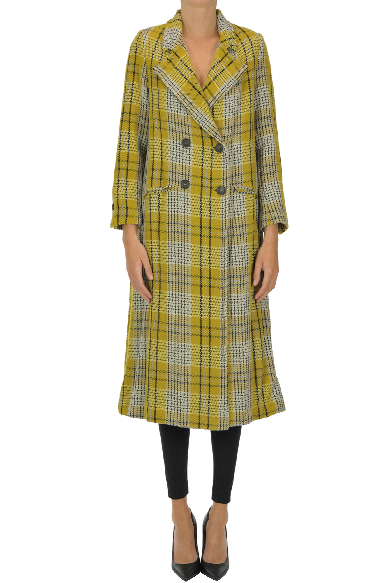 Checked print double breasted coat