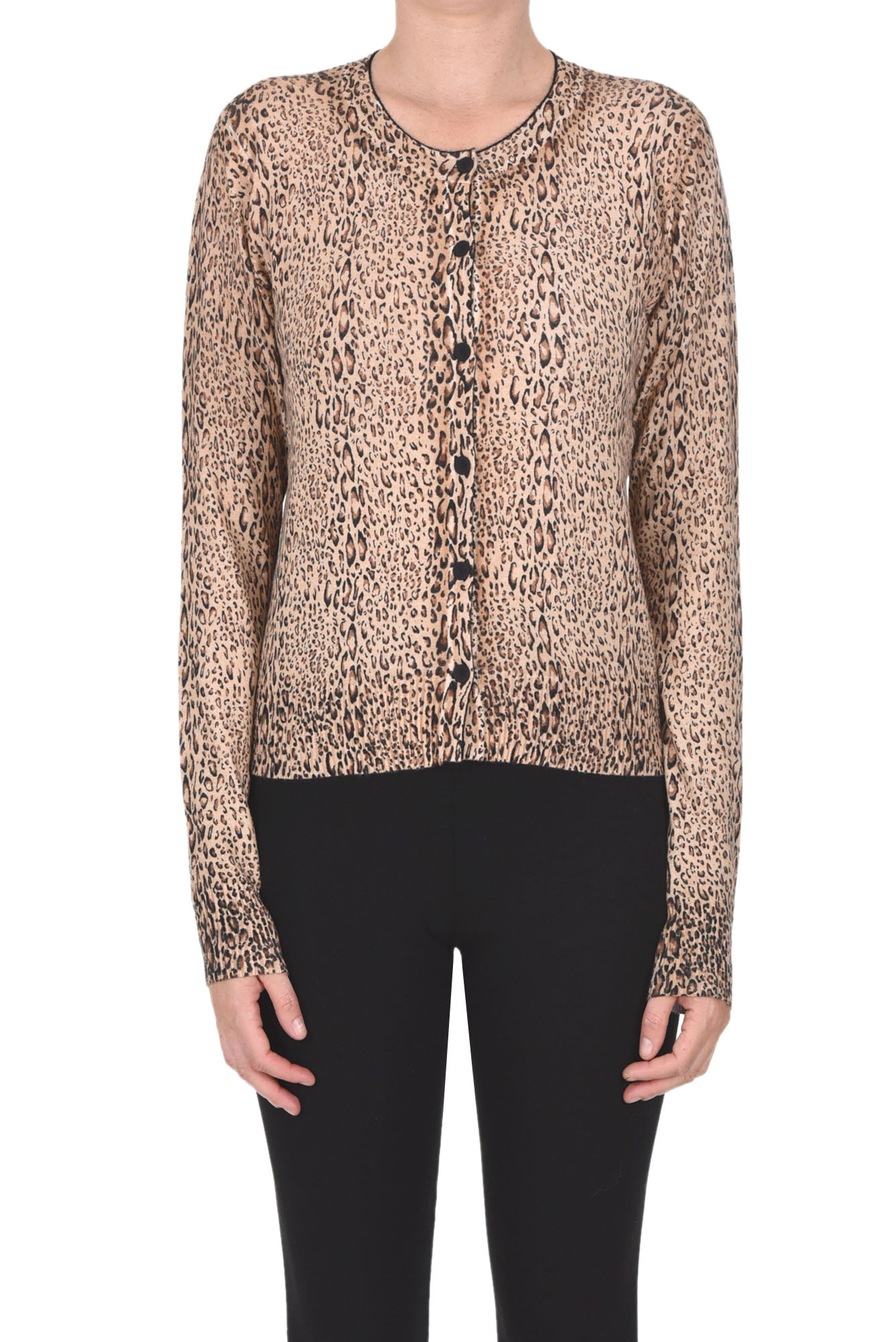 Shop Twinset Milano Animal Print Cardigan In Beige